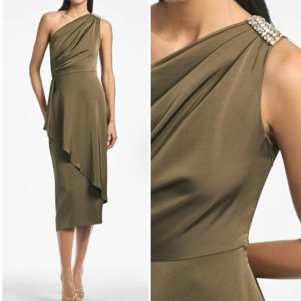 Sachin & Babi NWT Evangeline Olive Green One Shoulder Jewel Midi Dress Sz0 $495